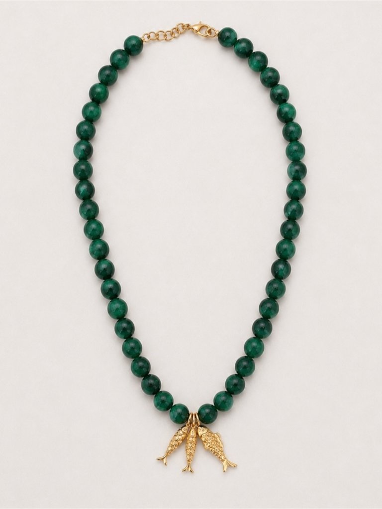 New! Coastal Green Beaded Gold Fish Necklace 1054
